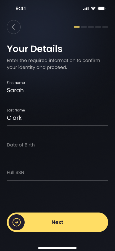 Identity details form: first name, last name, date of birth, SSN